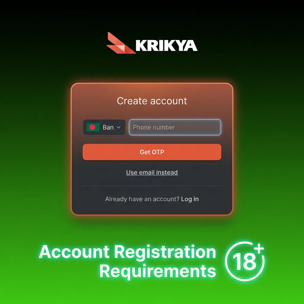 Registration requirements checklist showing age verification, single account rule, and compliance documentation for Krikya gaming