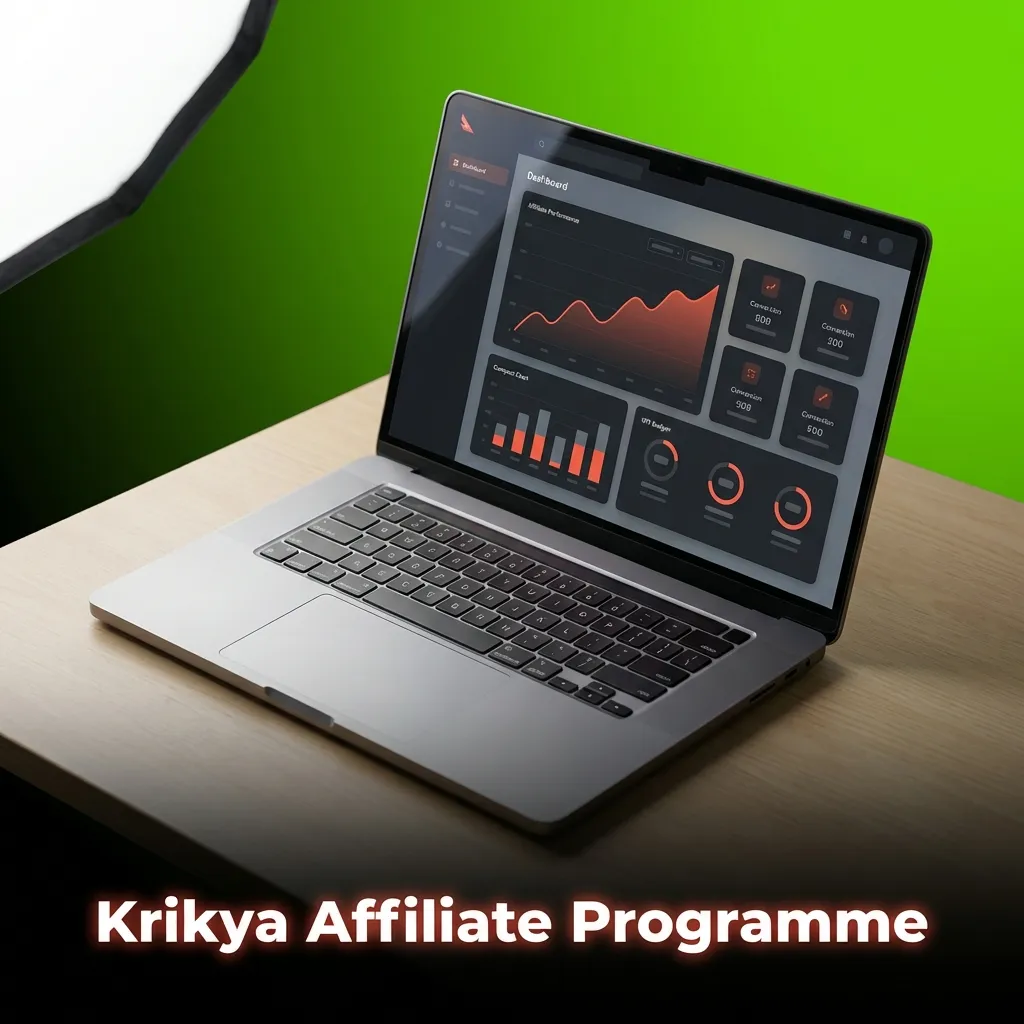 Krikya Affiliate Programme dashboard showing revenue share tiers, tracking links, and payment options up to 40%