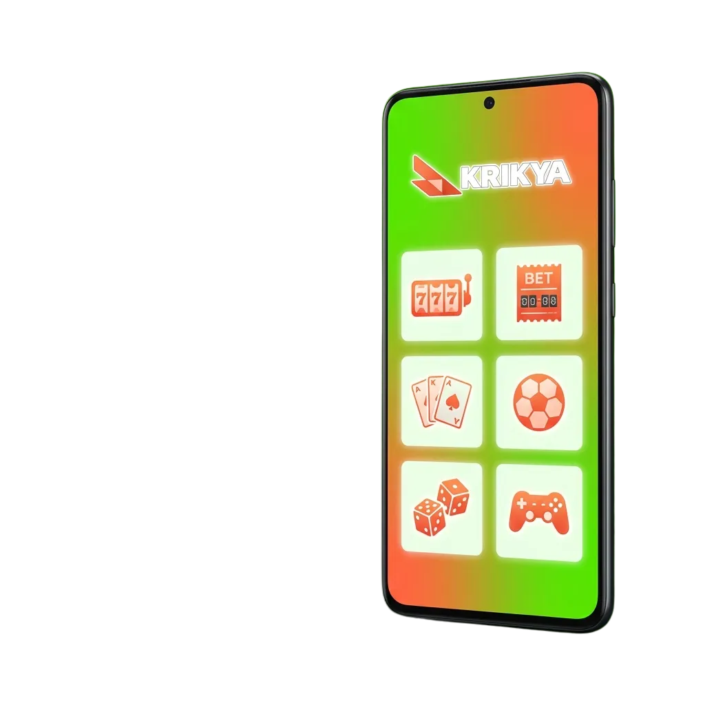 Krikya Android app interface showing sports betting and casino games available for free download and instant play.
