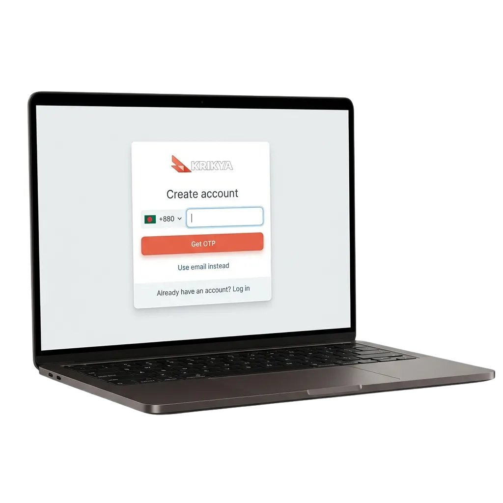 Krikya registration screen showing sign-up options for casino games and sports betting in Bangladesh