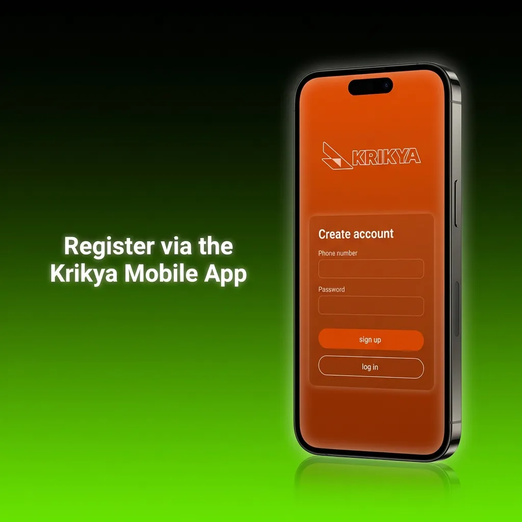User registering on Krikya mobile app with step-by-step interface showing download, account creation, and sign-up options